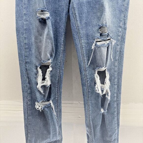 Eunina Women's Jean Frankie Girlfriend Mid Rise Crop Destroyed Blue Size 3 30x26 - Picture 3 of 7